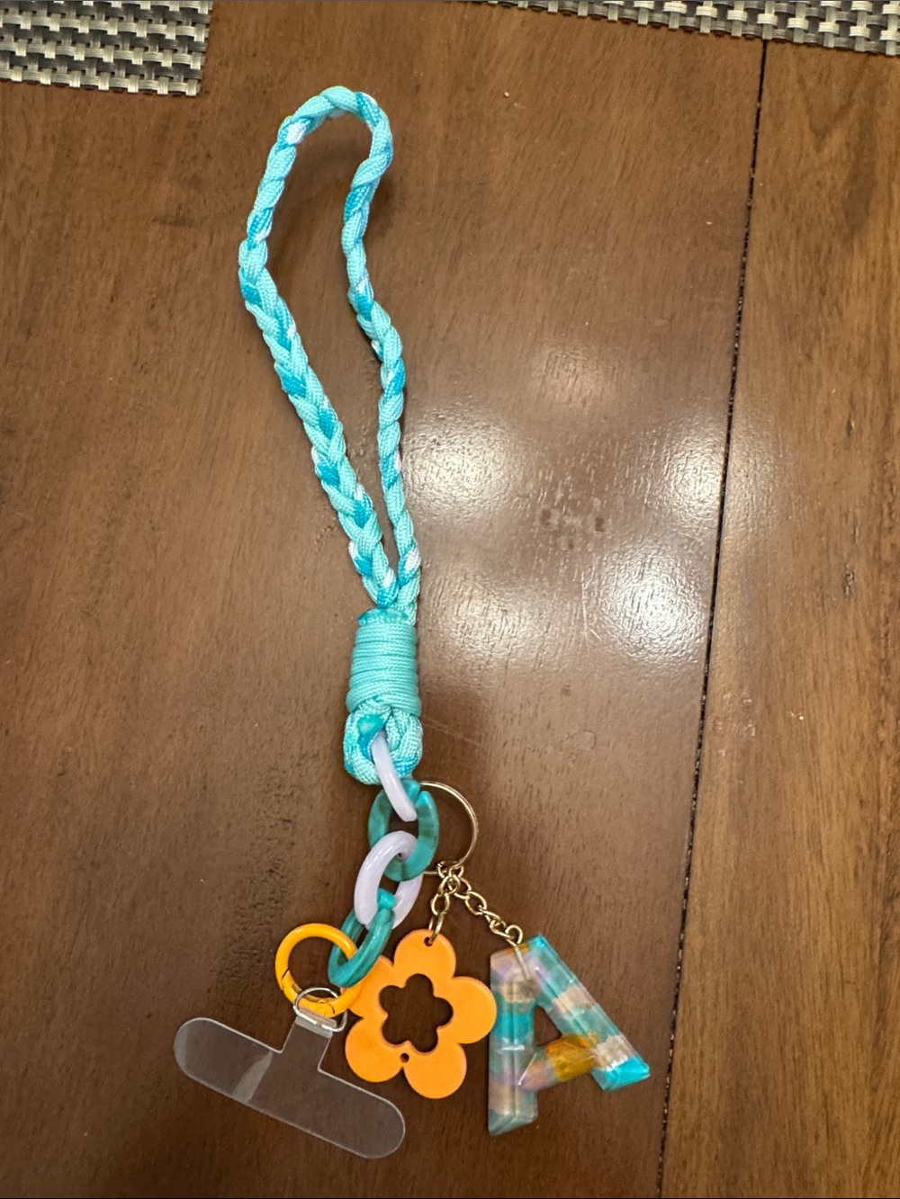 Aqua Braided Wristlet Keychain with Flower and Letter Charms